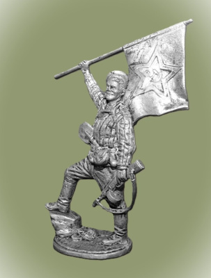 Картинка WWII-081 Оловянная фигура Краснофлотец морской пехоты с флагом (гюйсом), 1943-45 гг. СССР, 54мм  от магазина Масштаб